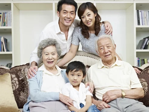 A family taking a photo in a room.
